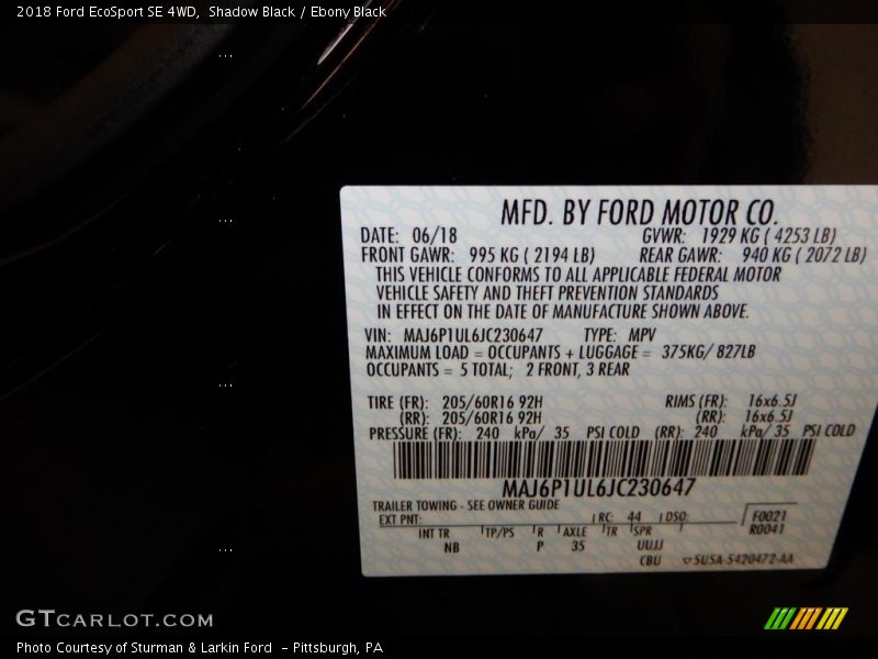 Shadow Black / Ebony Black 2018 Ford EcoSport SE 4WD