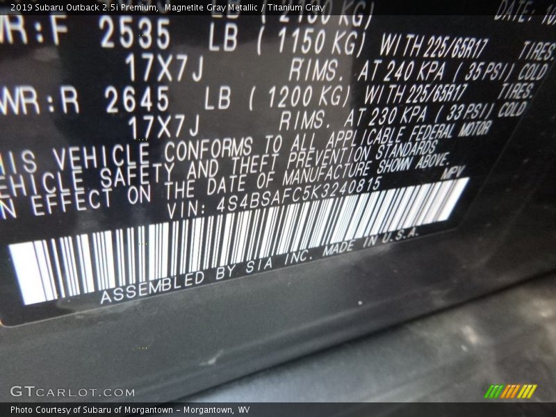 Magnetite Gray Metallic / Titanium Gray 2019 Subaru Outback 2.5i Premium
