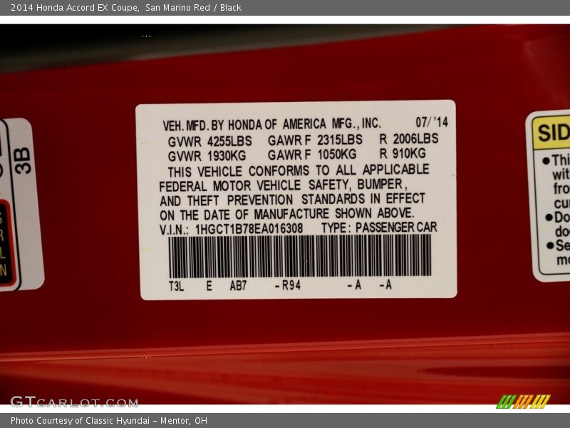 San Marino Red / Black 2014 Honda Accord EX Coupe
