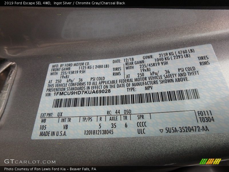Ingot Silver / Chromite Gray/Charcoal Black 2019 Ford Escape SEL 4WD
