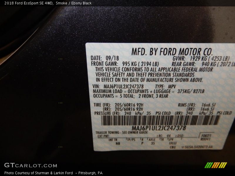 Smoke / Ebony Black 2018 Ford EcoSport SE 4WD