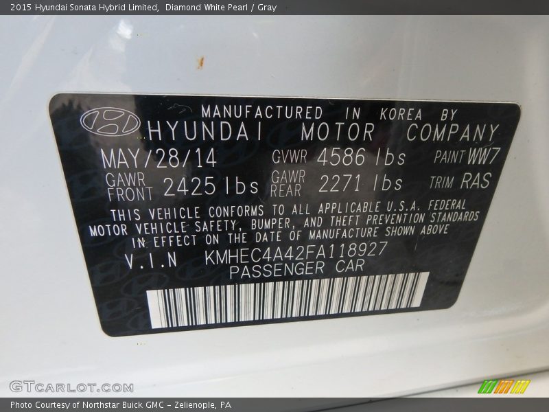 Diamond White Pearl / Gray 2015 Hyundai Sonata Hybrid Limited