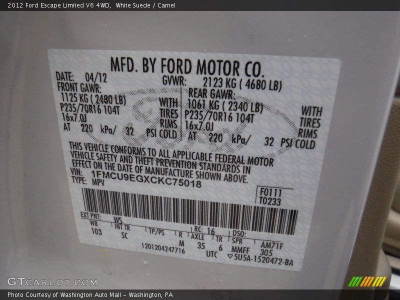 White Suede / Camel 2012 Ford Escape Limited V6 4WD