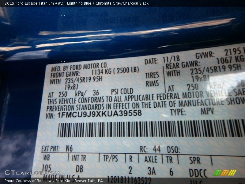 Lightning Blue / Chromite Gray/Charcoal Black 2019 Ford Escape Titanium 4WD