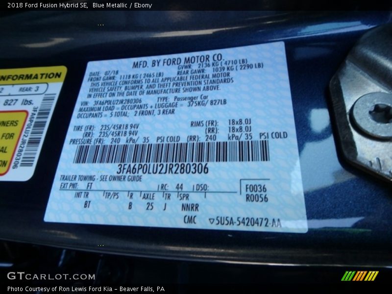 Blue Metallic / Ebony 2018 Ford Fusion Hybrid SE