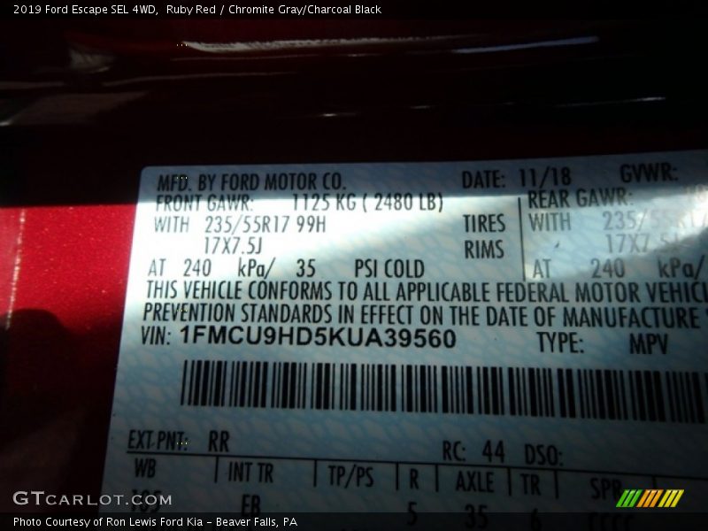 Ruby Red / Chromite Gray/Charcoal Black 2019 Ford Escape SEL 4WD