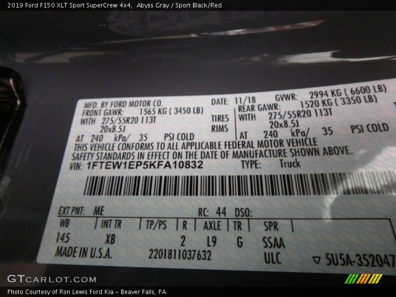 2019 F150 XLT Sport SuperCrew 4x4 Abyss Gray Color Code ME