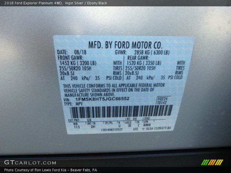 Ingot Silver / Ebony Black 2018 Ford Explorer Platinum 4WD