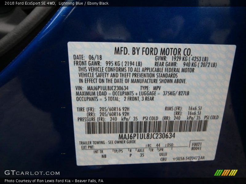 Lightning Blue / Ebony Black 2018 Ford EcoSport SE 4WD