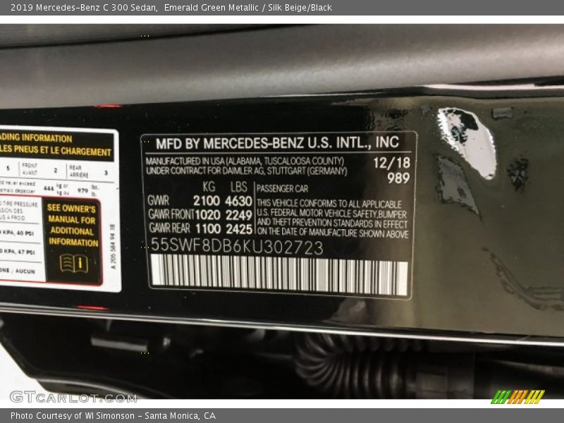 2019 C 300 Sedan Emerald Green Metallic Color Code 989