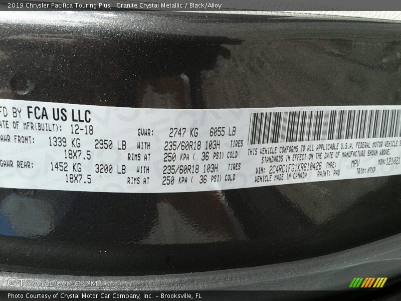 Granite Crystal Metallic / Black/Alloy 2019 Chrysler Pacifica Touring Plus