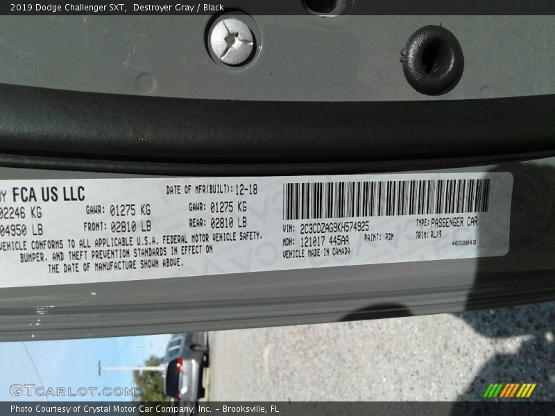 Destroyer Gray / Black 2019 Dodge Challenger SXT