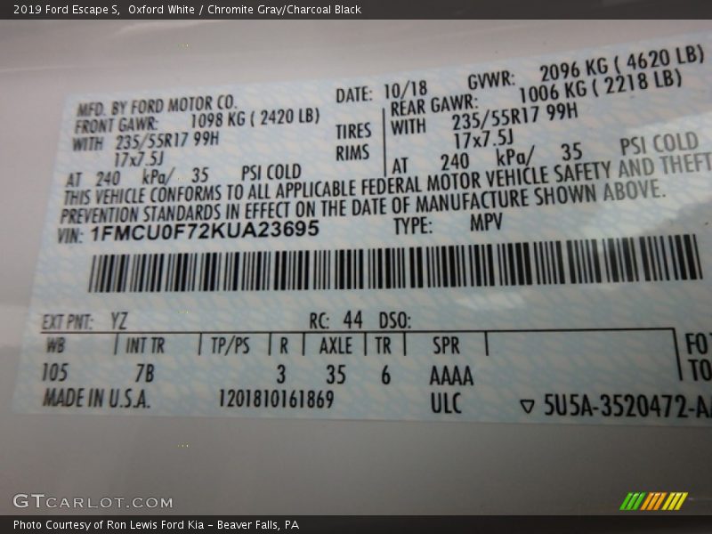 Oxford White / Chromite Gray/Charcoal Black 2019 Ford Escape S