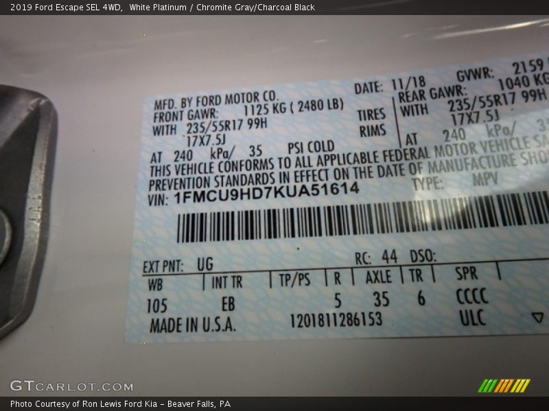 White Platinum / Chromite Gray/Charcoal Black 2019 Ford Escape SEL 4WD