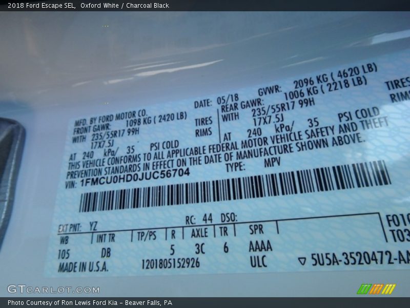 Oxford White / Charcoal Black 2018 Ford Escape SEL