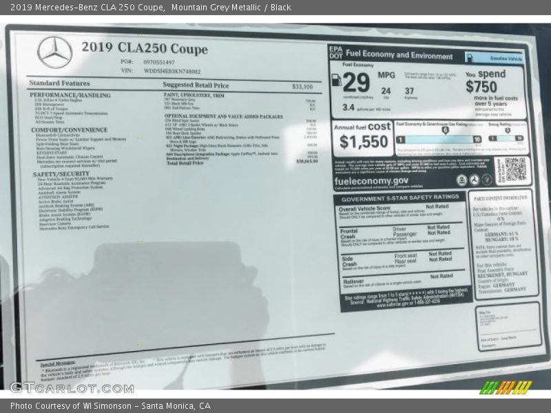 Mountain Grey Metallic / Black 2019 Mercedes-Benz CLA 250 Coupe