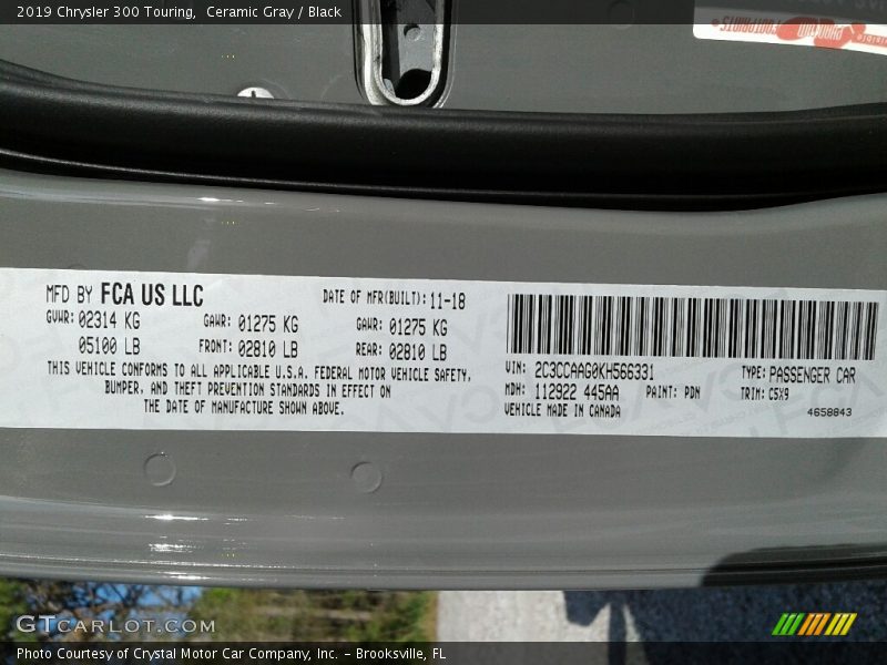 Ceramic Gray / Black 2019 Chrysler 300 Touring