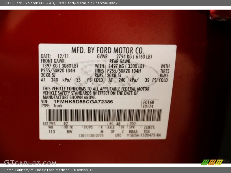 Red Candy Metallic / Charcoal Black 2012 Ford Explorer XLT 4WD