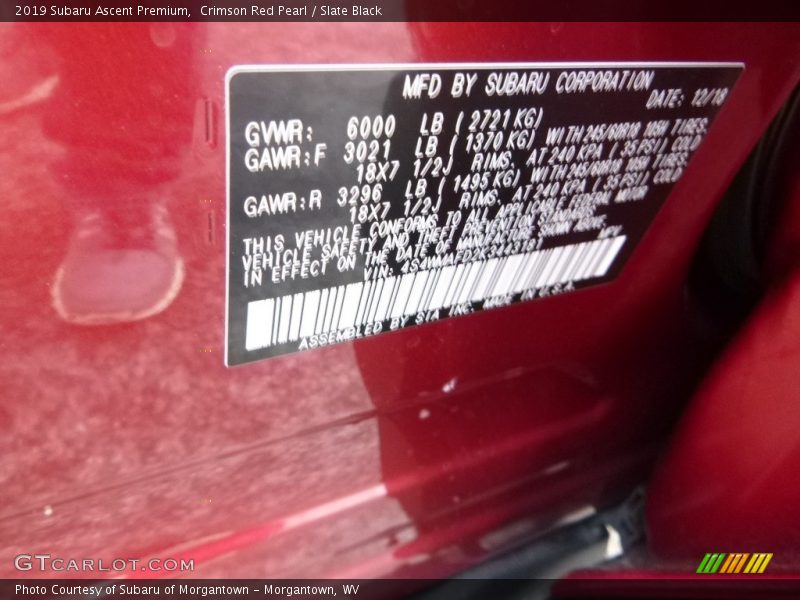 Crimson Red Pearl / Slate Black 2019 Subaru Ascent Premium