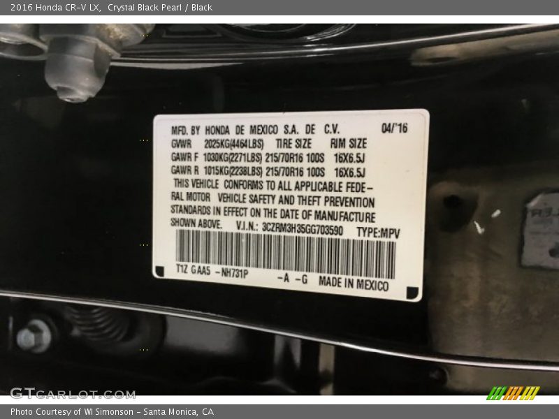 Crystal Black Pearl / Black 2016 Honda CR-V LX