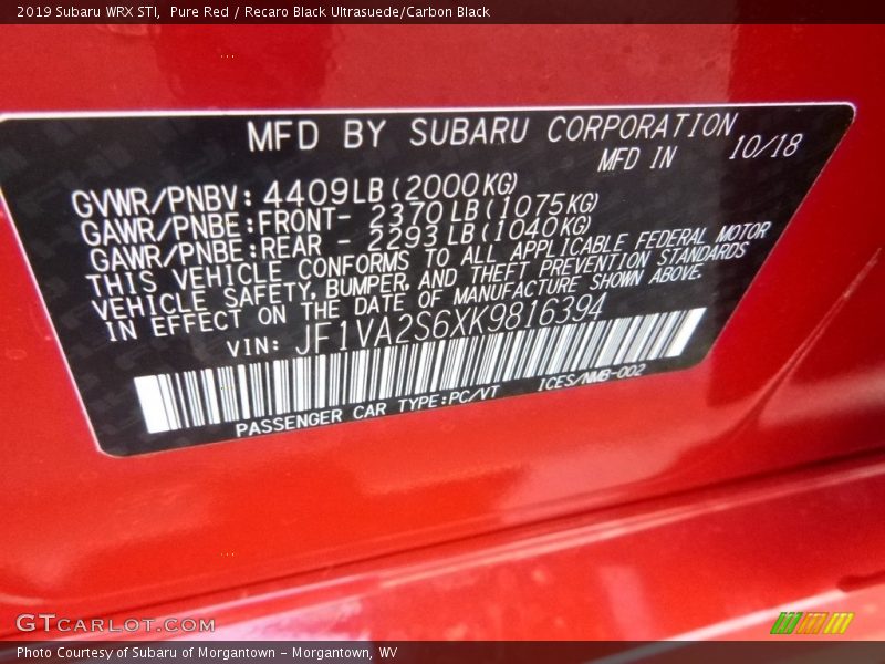 Pure Red / Recaro Black Ultrasuede/Carbon Black 2019 Subaru WRX STI