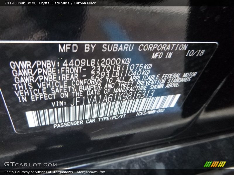 Crystal Black Silica / Carbon Black 2019 Subaru WRX