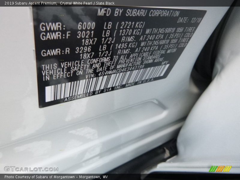 Crystal White Pearl / Slate Black 2019 Subaru Ascent Premium