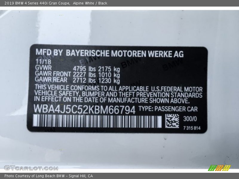 Alpine White / Black 2019 BMW 4 Series 440i Gran Coupe