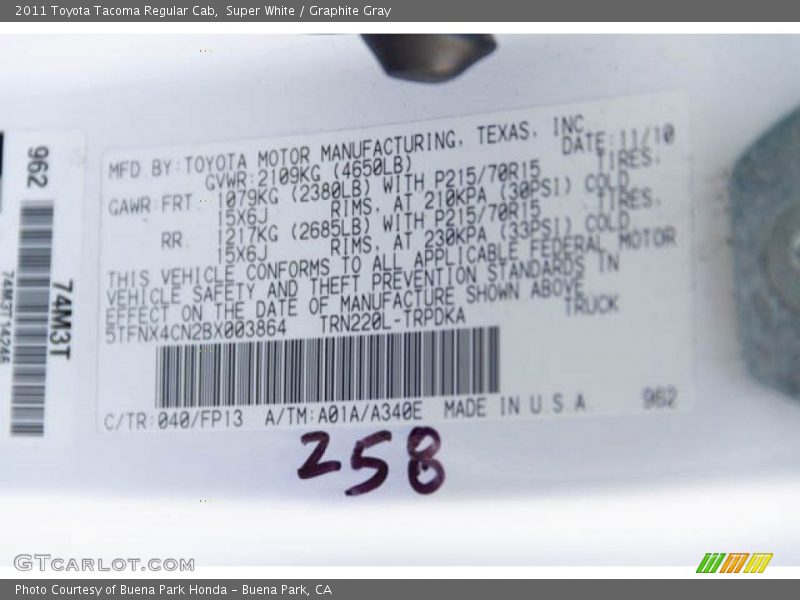 Super White / Graphite Gray 2011 Toyota Tacoma Regular Cab