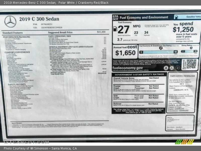 Polar White / Cranberry Red/Black 2019 Mercedes-Benz C 300 Sedan