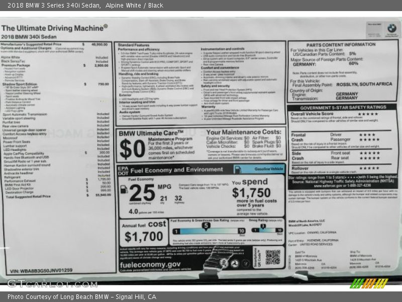 Alpine White / Black 2018 BMW 3 Series 340i Sedan