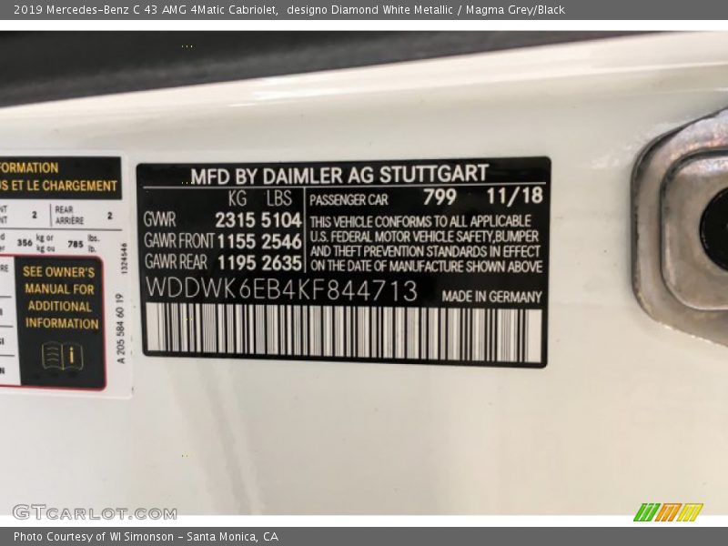 2019 C 43 AMG 4Matic Cabriolet designo Diamond White Metallic Color Code 799
