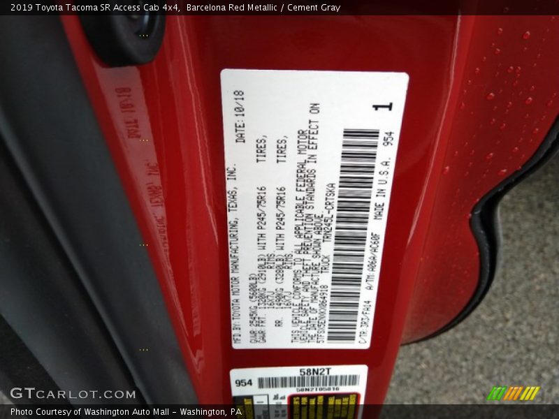 2019 Tacoma SR Access Cab 4x4 Barcelona Red Metallic Color Code 3R3