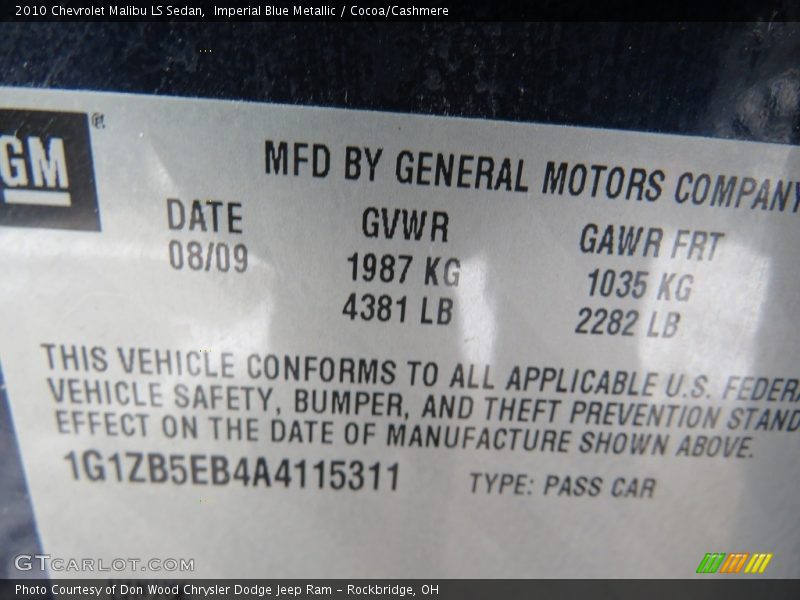 Imperial Blue Metallic / Cocoa/Cashmere 2010 Chevrolet Malibu LS Sedan