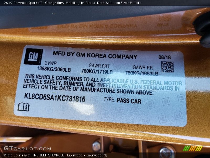 Orange Burst Metallic / Jet Black/­Dark Anderson Silver Metallic 2019 Chevrolet Spark LT