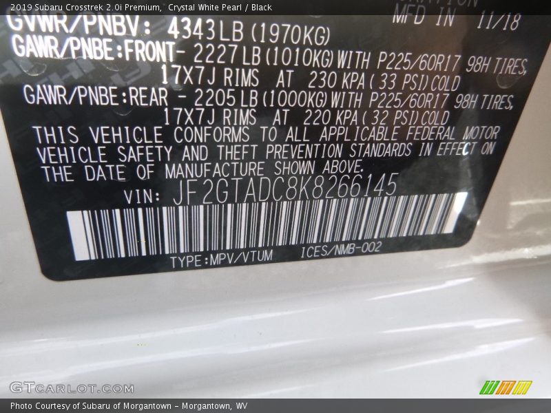 Crystal White Pearl / Black 2019 Subaru Crosstrek 2.0i Premium
