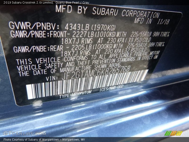 Quartz Blue Pearl / Gray 2019 Subaru Crosstrek 2.0i Limited