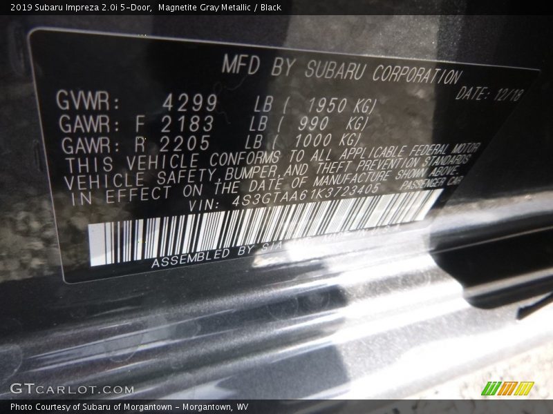 Magnetite Gray Metallic / Black 2019 Subaru Impreza 2.0i 5-Door