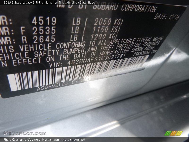 Ice Silver Metallic / Slate Black 2019 Subaru Legacy 2.5i Premium