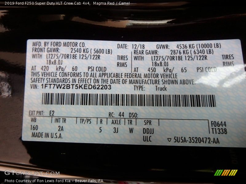 2019 F250 Super Duty XLT Crew Cab 4x4 Magma Red Color Code E2
