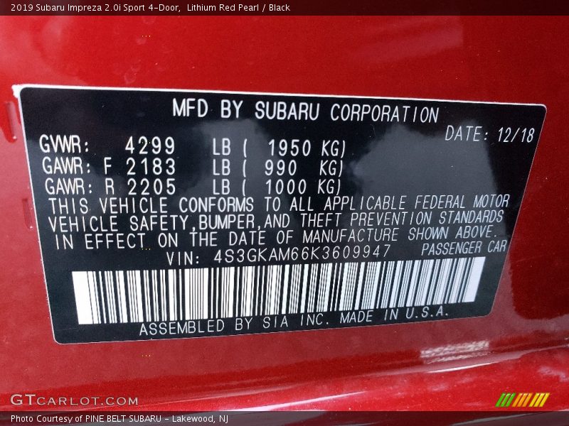 Lithium Red Pearl / Black 2019 Subaru Impreza 2.0i Sport 4-Door