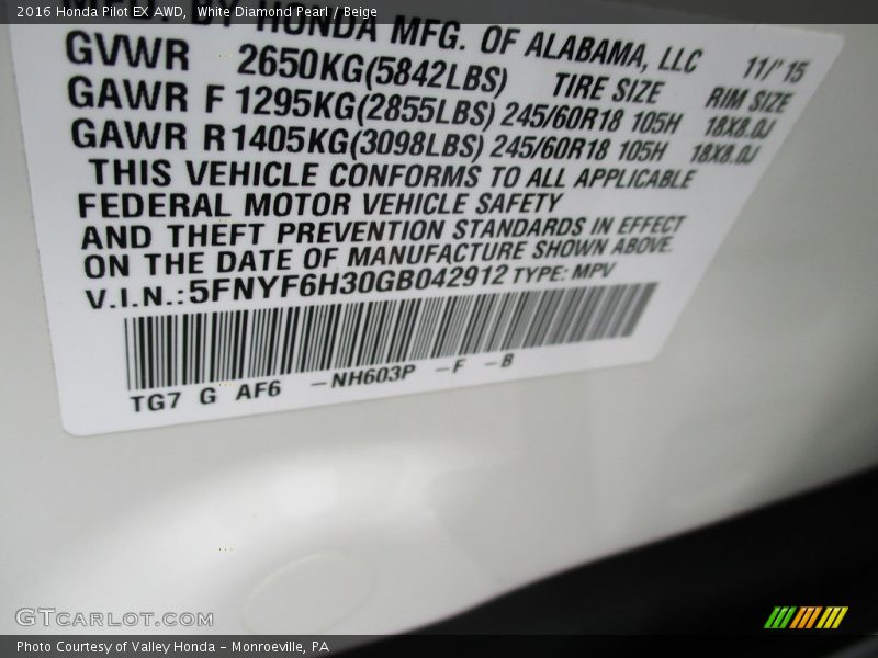 White Diamond Pearl / Beige 2016 Honda Pilot EX AWD