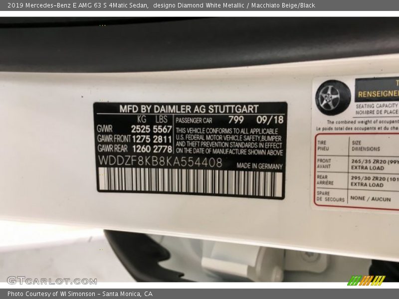 2019 E AMG 63 S 4Matic Sedan designo Diamond White Metallic Color Code 799