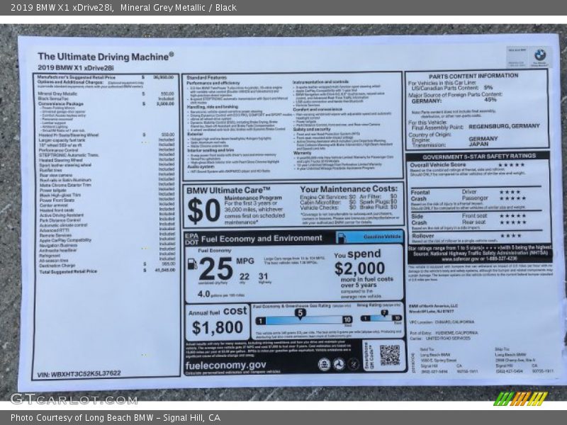 Mineral Grey Metallic / Black 2019 BMW X1 xDrive28i