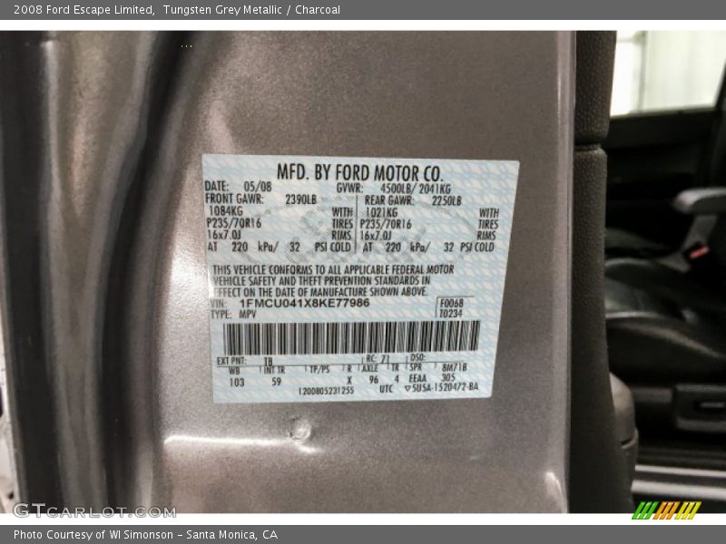 Tungsten Grey Metallic / Charcoal 2008 Ford Escape Limited