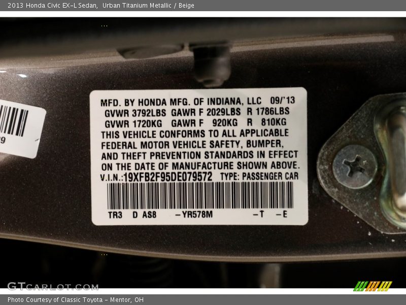 Urban Titanium Metallic / Beige 2013 Honda Civic EX-L Sedan