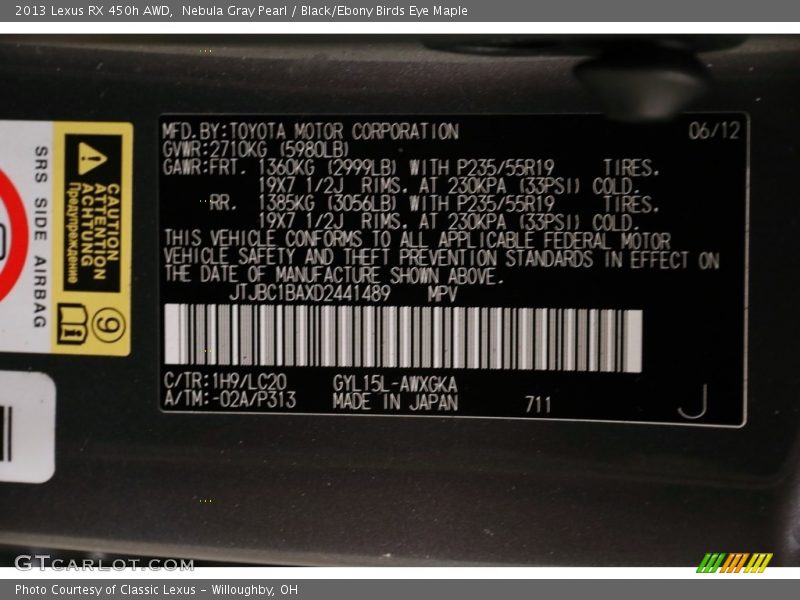 Nebula Gray Pearl / Black/Ebony Birds Eye Maple 2013 Lexus RX 450h AWD