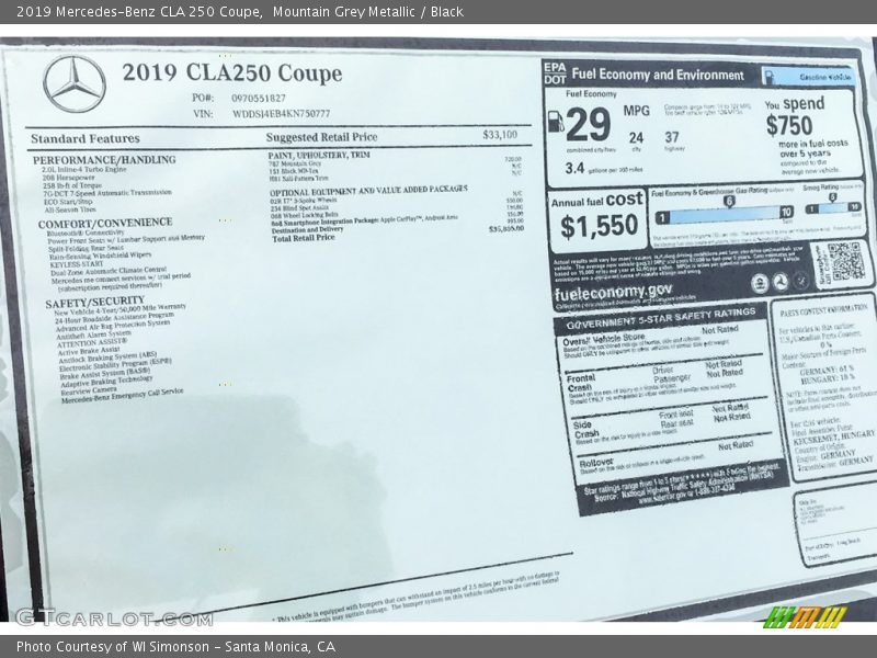 Mountain Grey Metallic / Black 2019 Mercedes-Benz CLA 250 Coupe