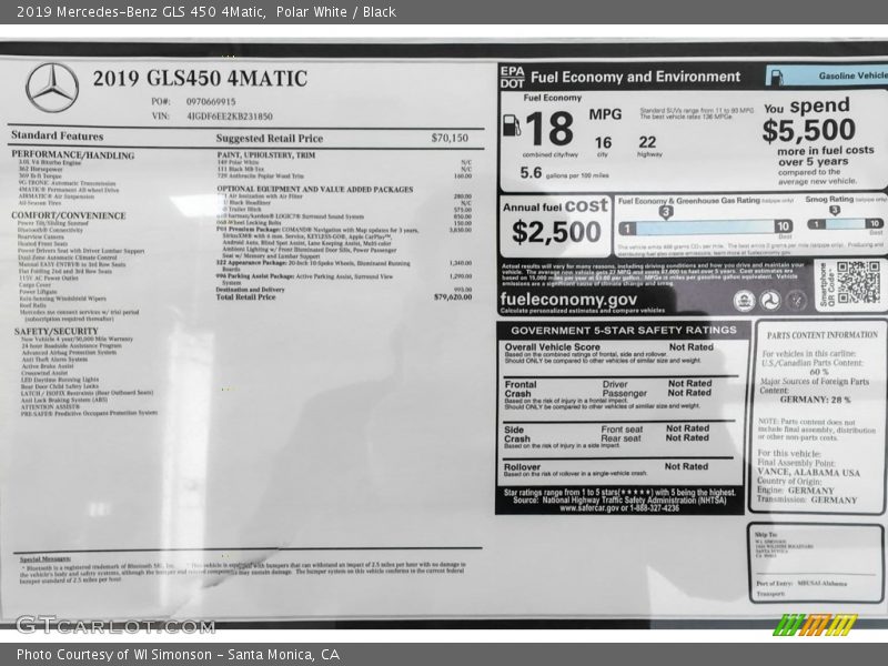  2019 GLS 450 4Matic Window Sticker