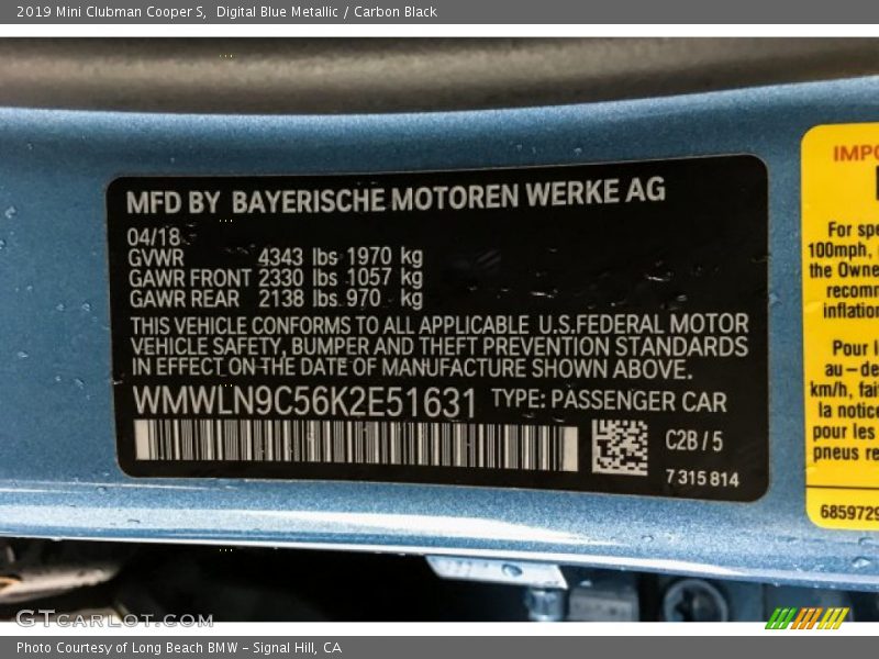 Digital Blue Metallic / Carbon Black 2019 Mini Clubman Cooper S